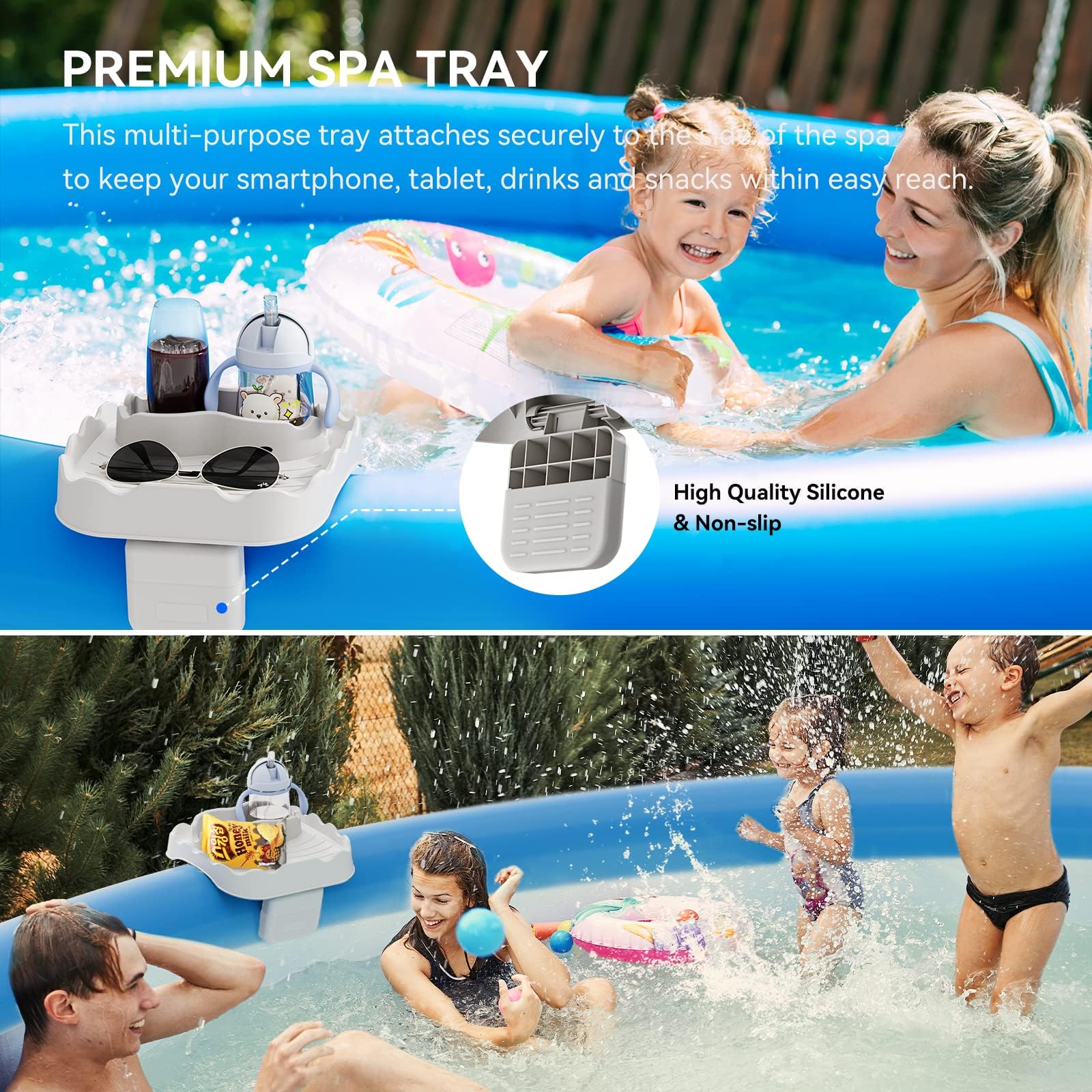 Anivia tray includes two cup holders for beverages within easy reach.