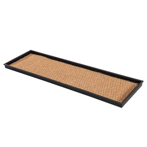 Anji Mountain black rubber boot tray with coir insert keeps entryway dry and organized