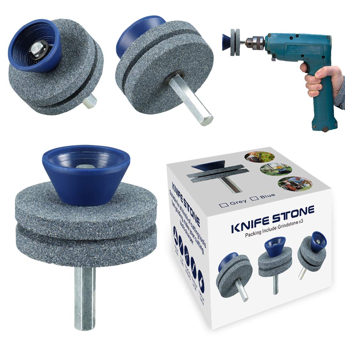 Ankda sharpener attached to a drill for quick lawn blade sharpening