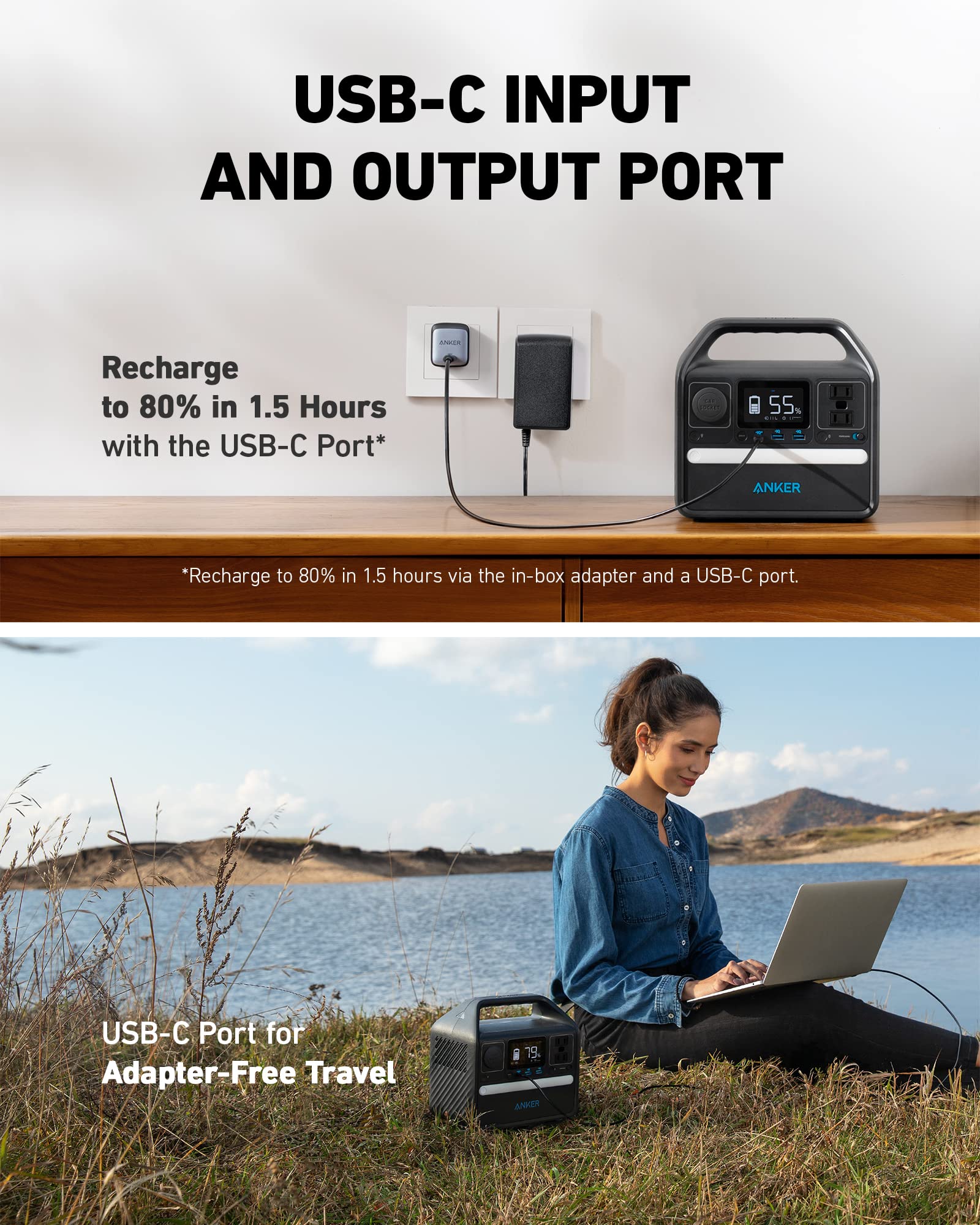 Anker 521 indicator lights display battery status for quick power assessments.