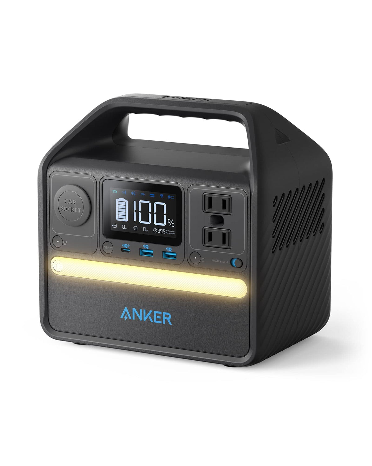 Anker 521 Portable Power Station front view showing dual AC outlets for outdoor use.