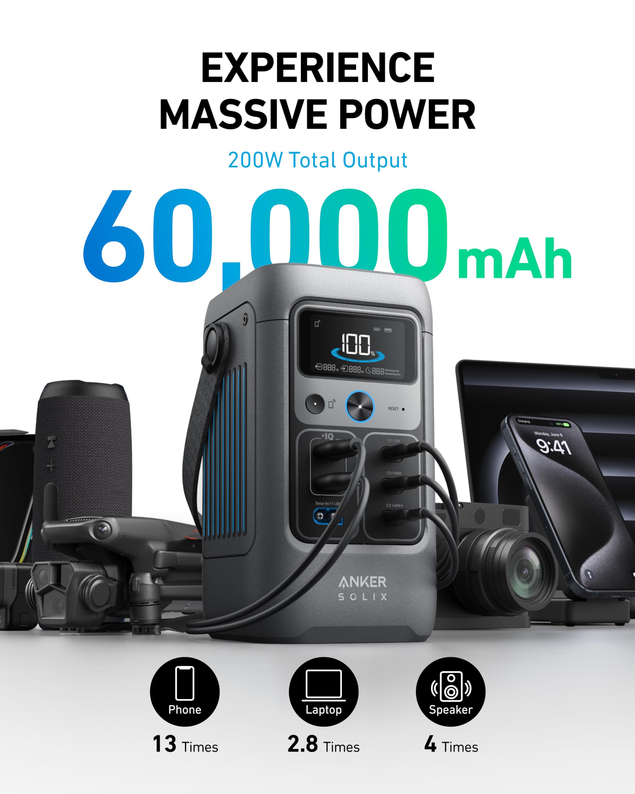 Anker SOLIX C200 140W USB-C port enables rapid recharging outdoors.