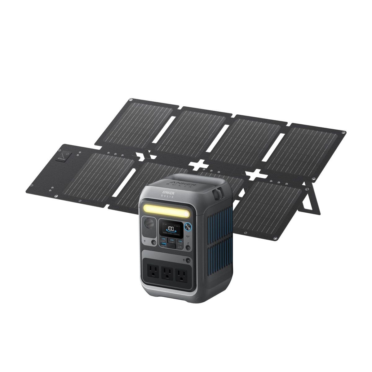 Anker SOLIX C300 portable power station in a compact carrying form for outdoor use.