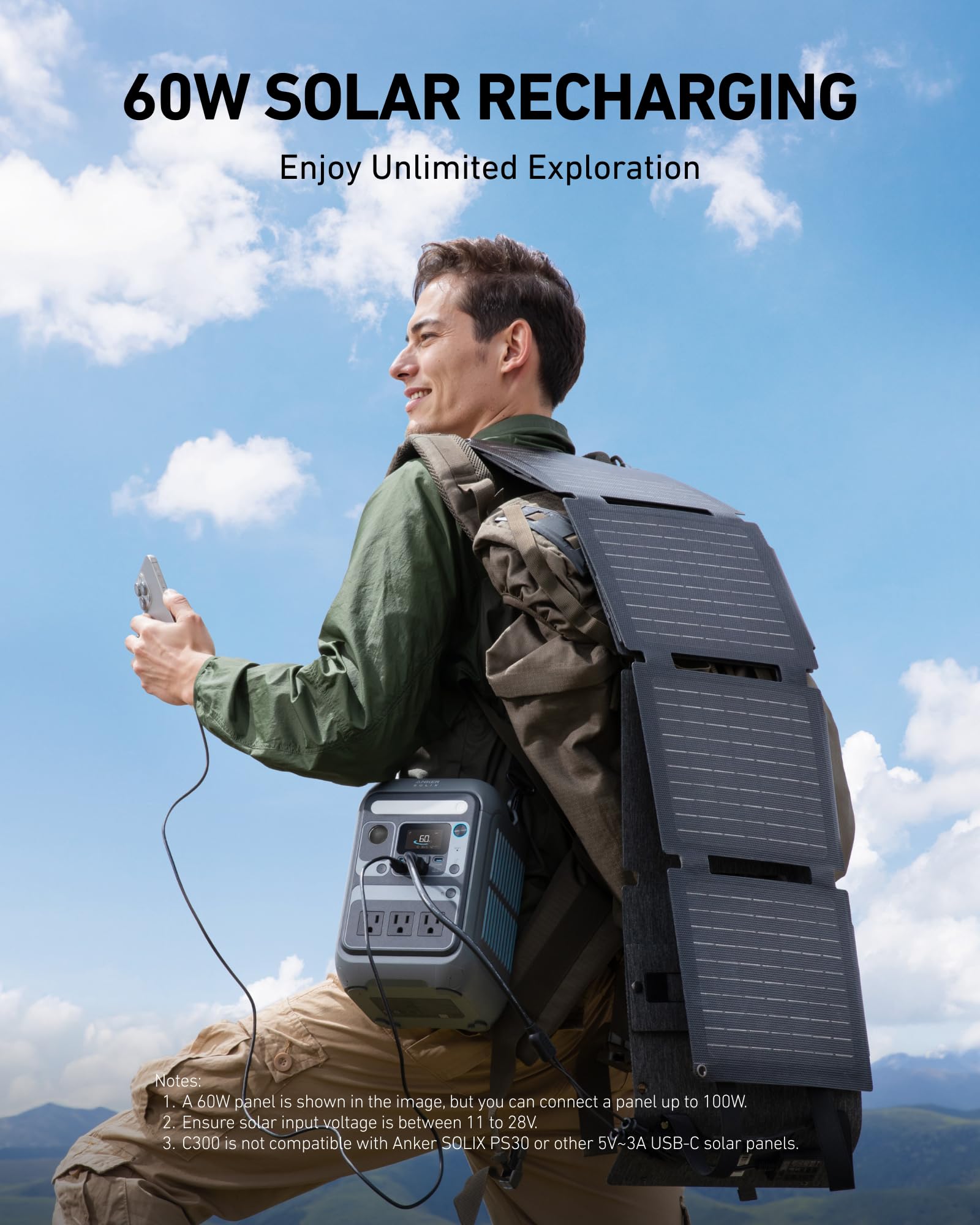 Anker SOLIX C300 all-in-one kit shows contents and ports for quick setup.