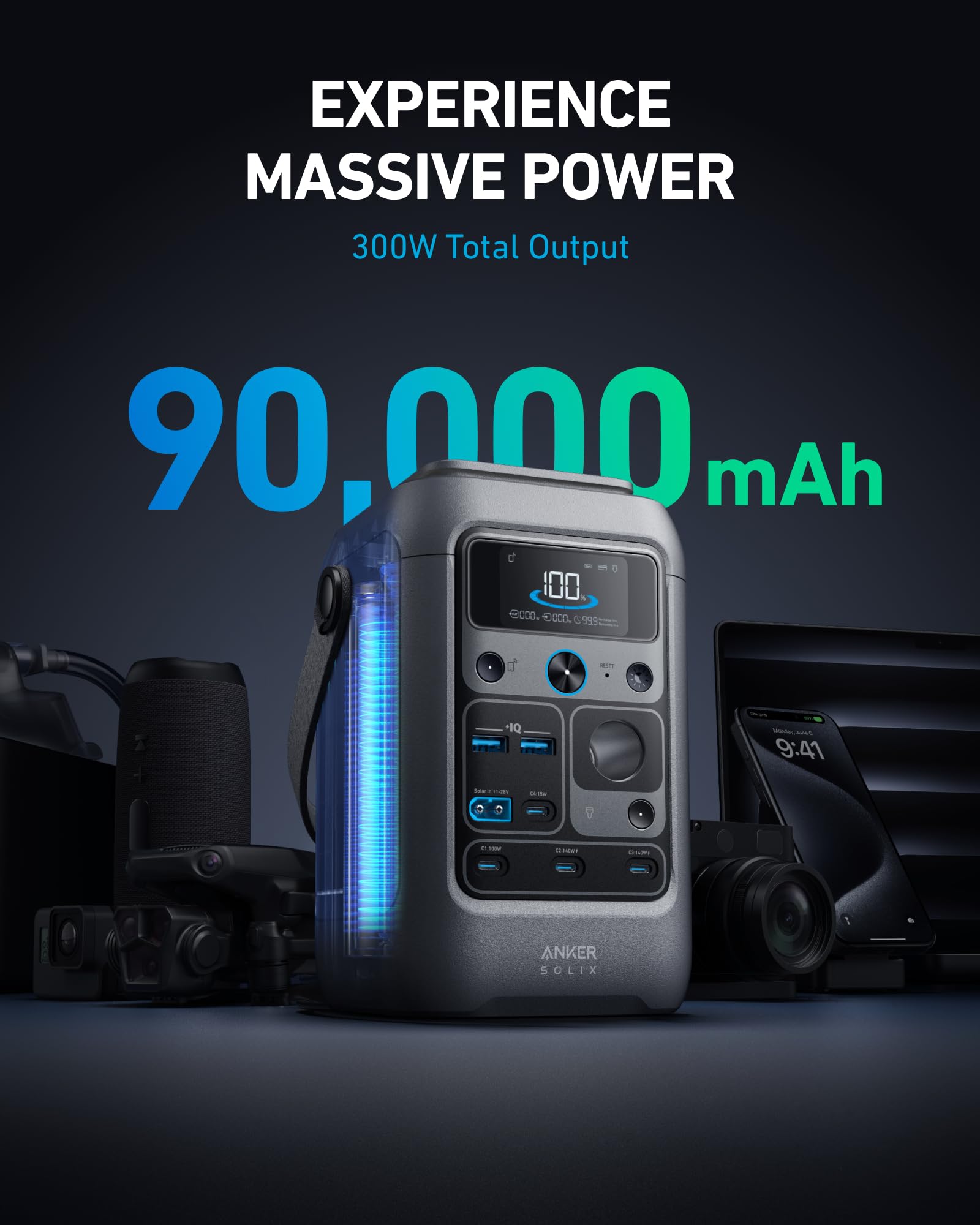 C300 showing multiple ports for versatile charging on the go