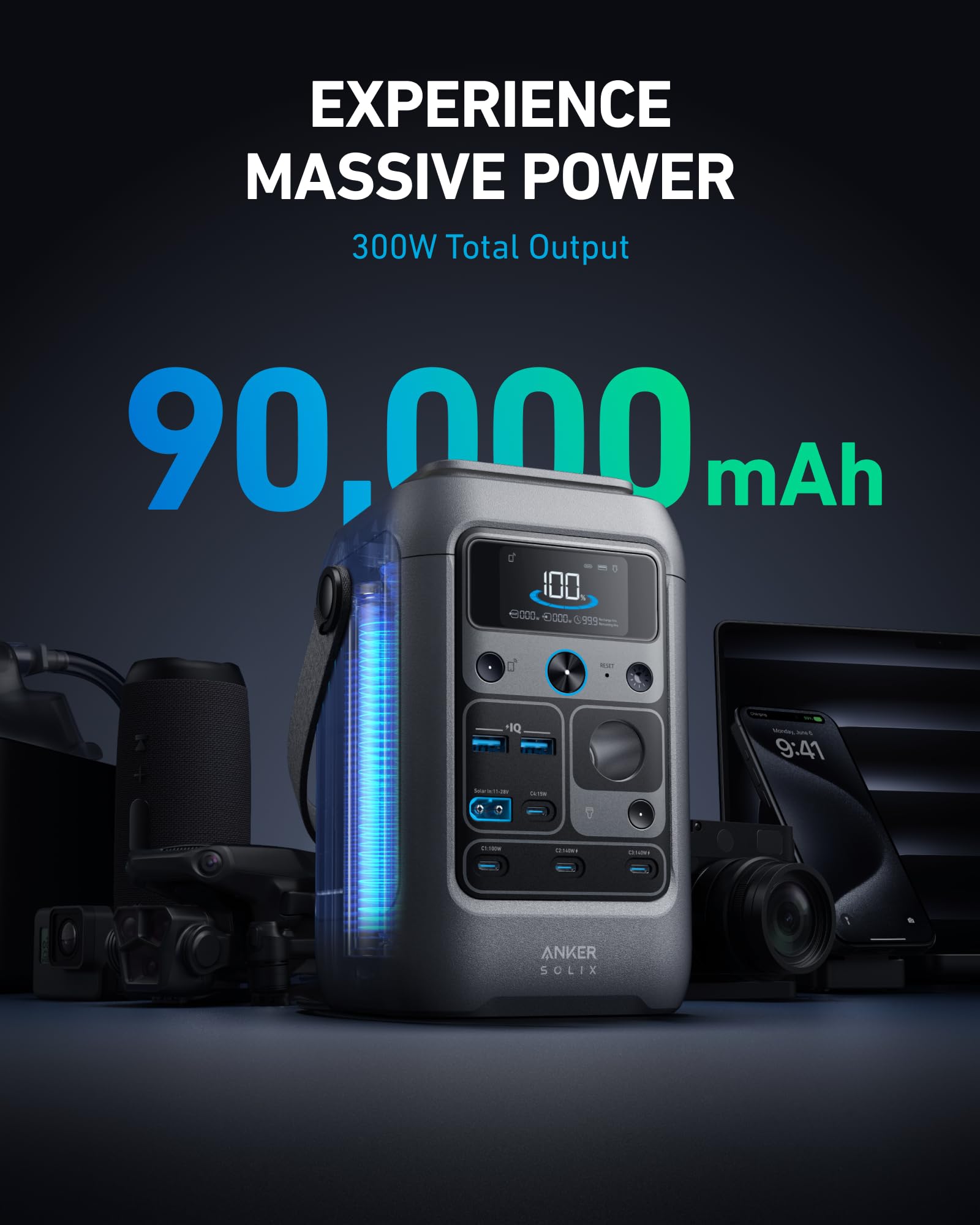 Anker SOLIX C300 seven-device-ports enables charging multiple gadgets simultaneously.
