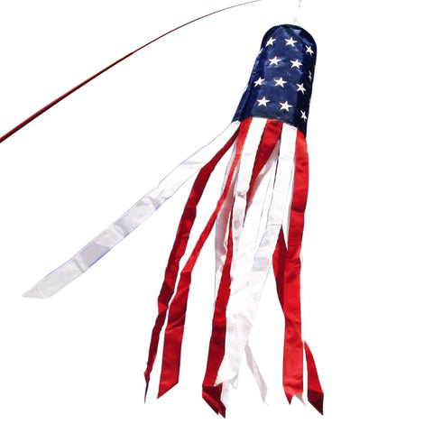 Anley 40-inch US flag windsock waving outdoors for eye-catching patriotic display.