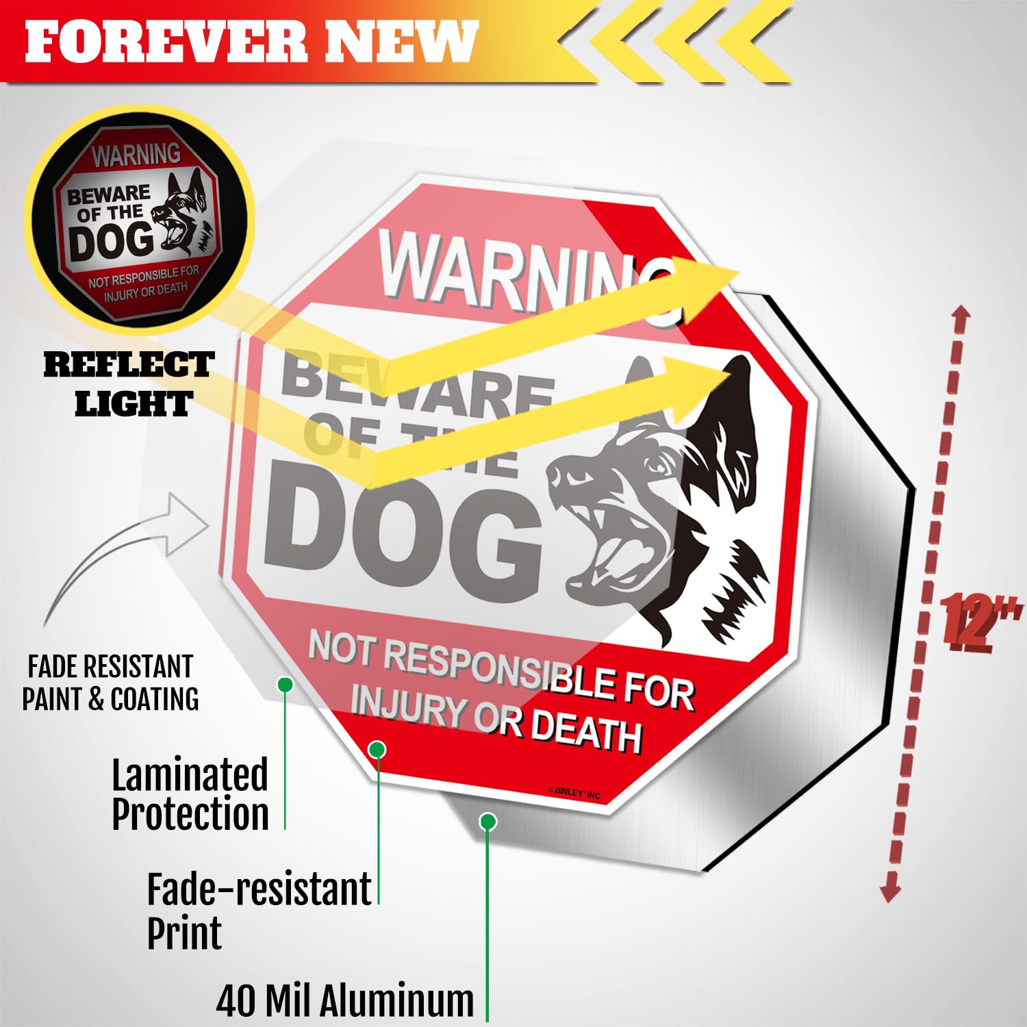 Anley aluminum dog warning sign emphasizes UV protection for outdoor spaces.