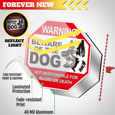 Anley aluminum dog warning sign emphasizes UV protection for outdoor spaces.