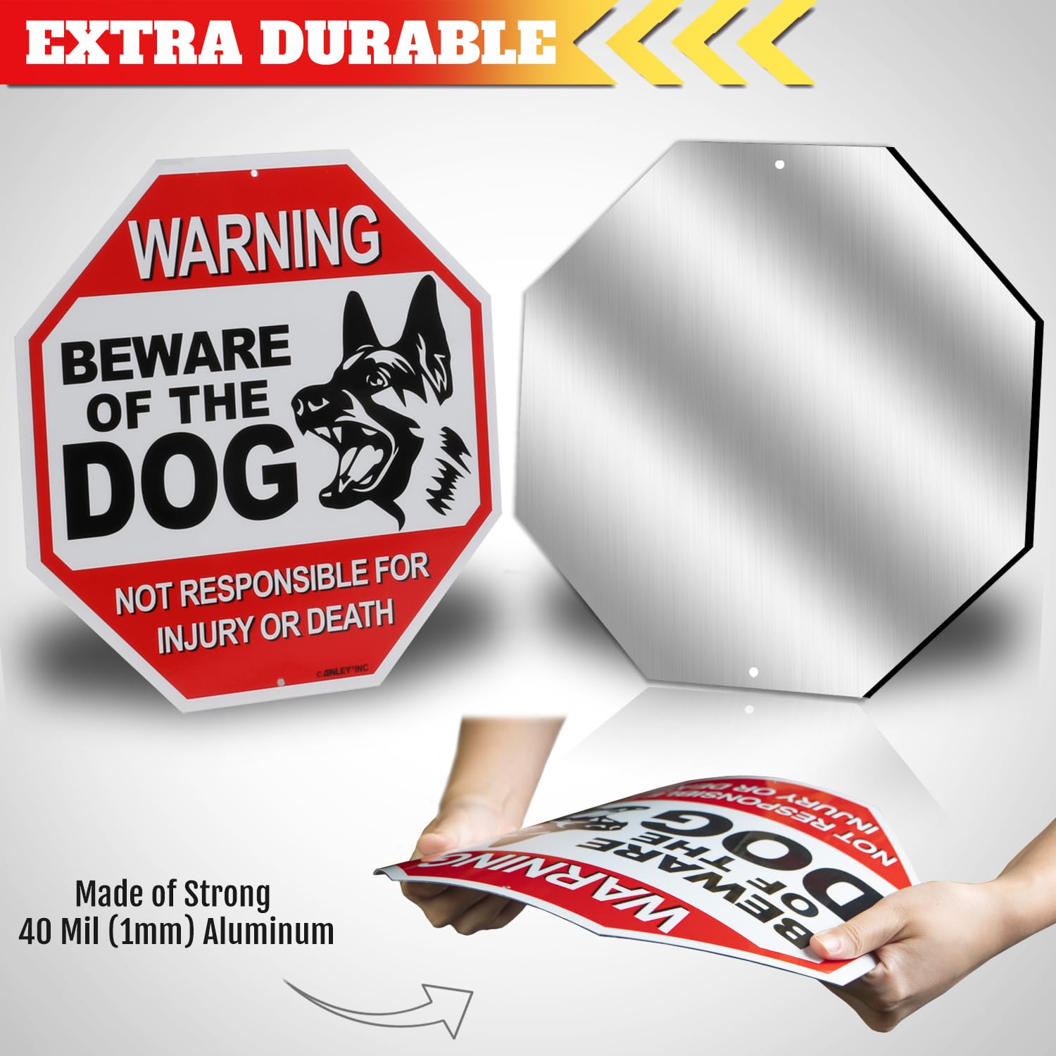 Anley Beware of the Dog sign side view highlighting outdoor visibility.