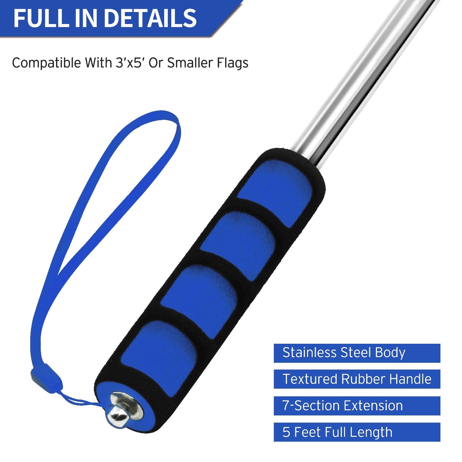 Anley blue telescopic flagpole clip assembly shown for quick flag mounting.