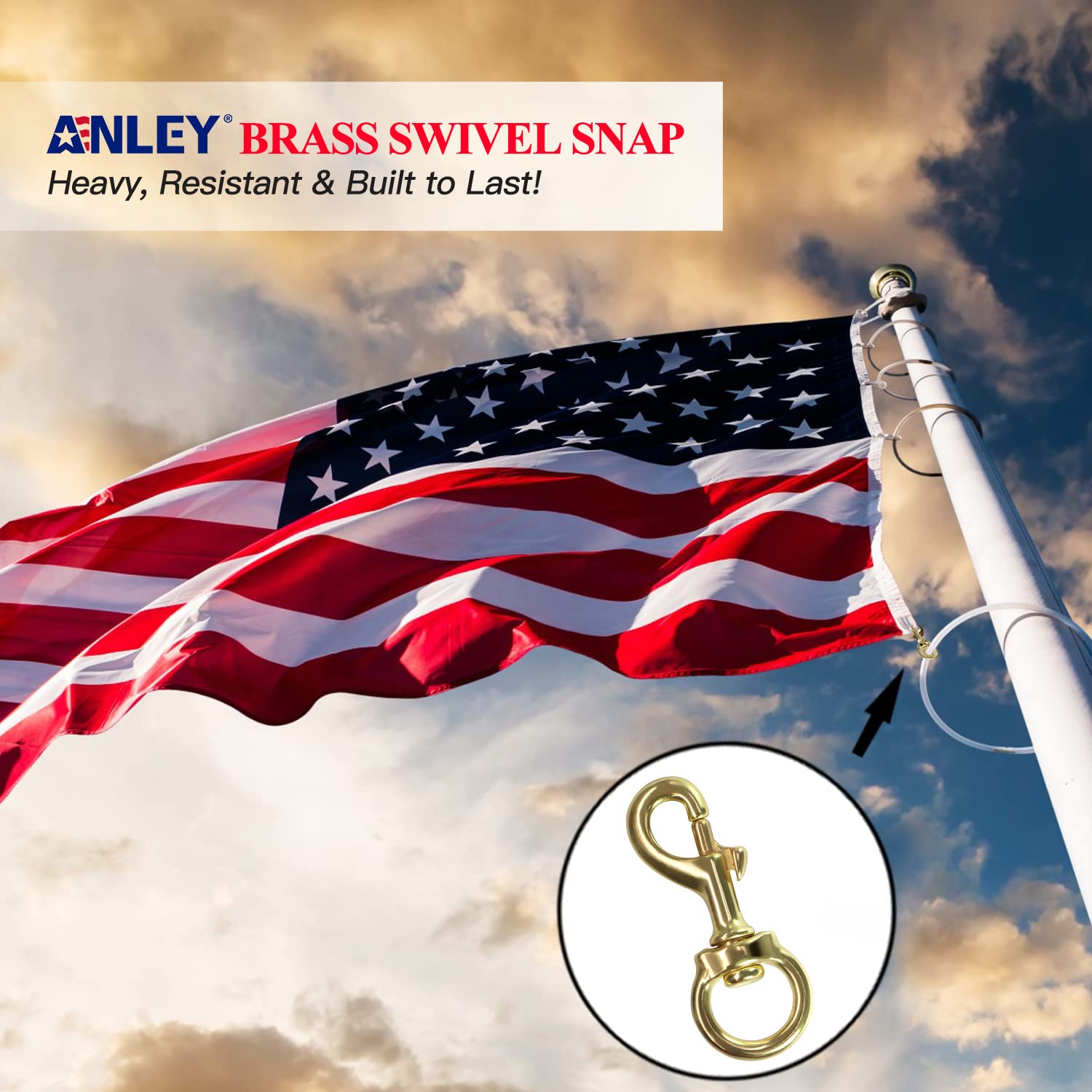 Anley brass swivel snap hook on flagpole demonstrates secure outdoor attachment.
