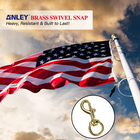 Anley brass swivel snap hook on flagpole demonstrates secure outdoor attachment.