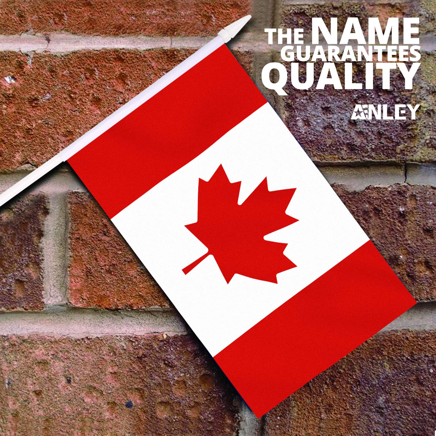 Anley Canada mini flag close-up shows fade-resistant print on polyester.