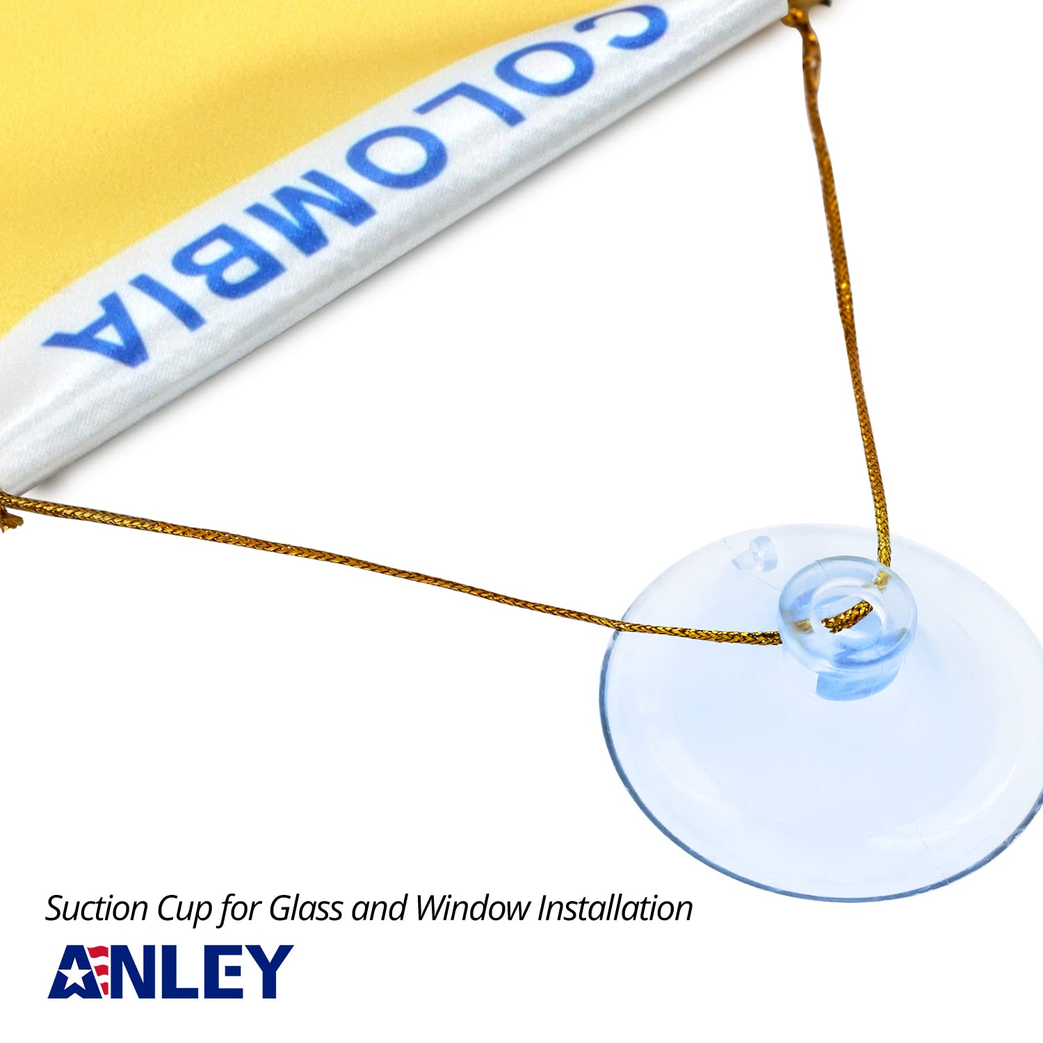Anley Colombia fringy window flag with suction hanger setup for quick mounting
