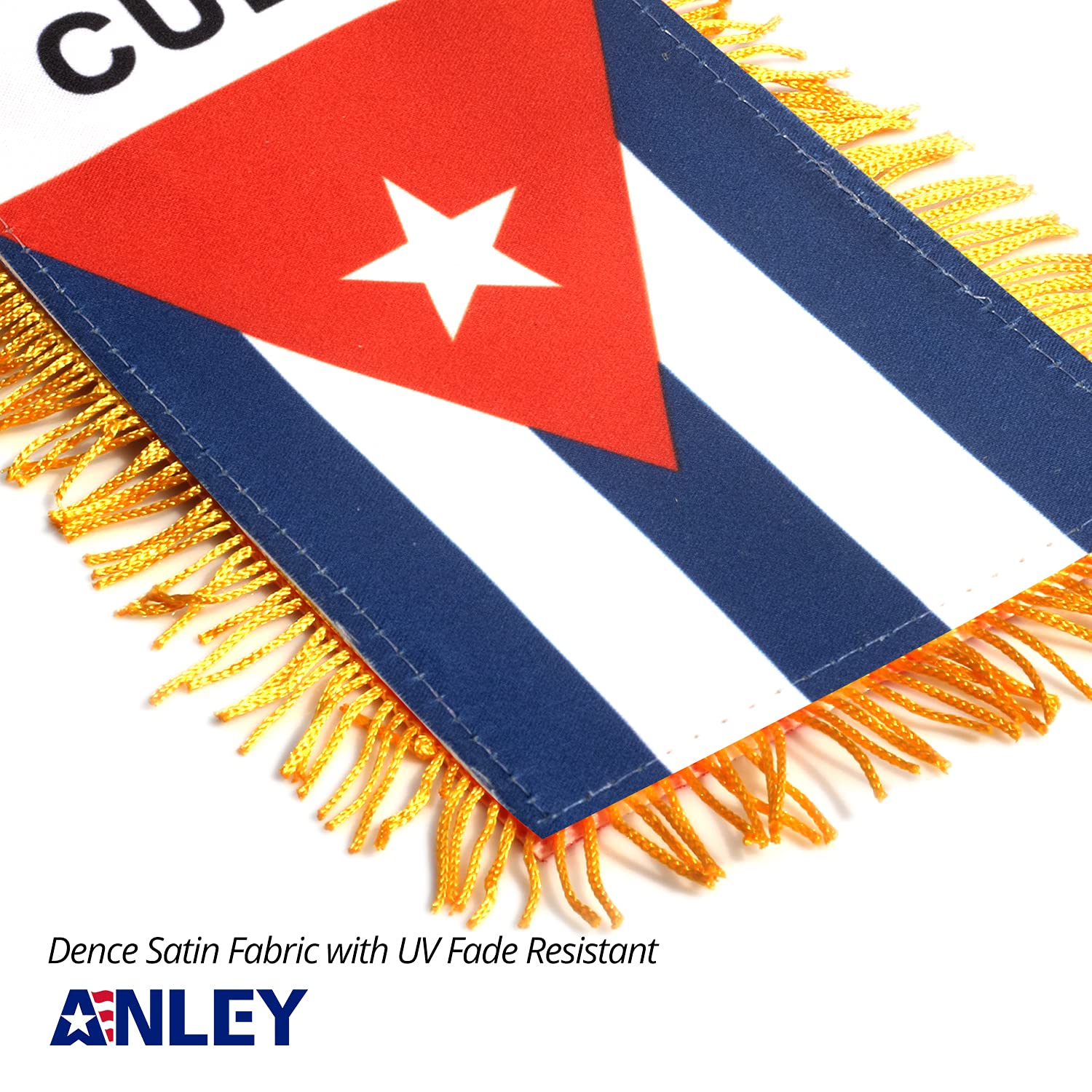 Anley Cuba fringy flag mounted on a car rearview mirror with a suction hanger.
