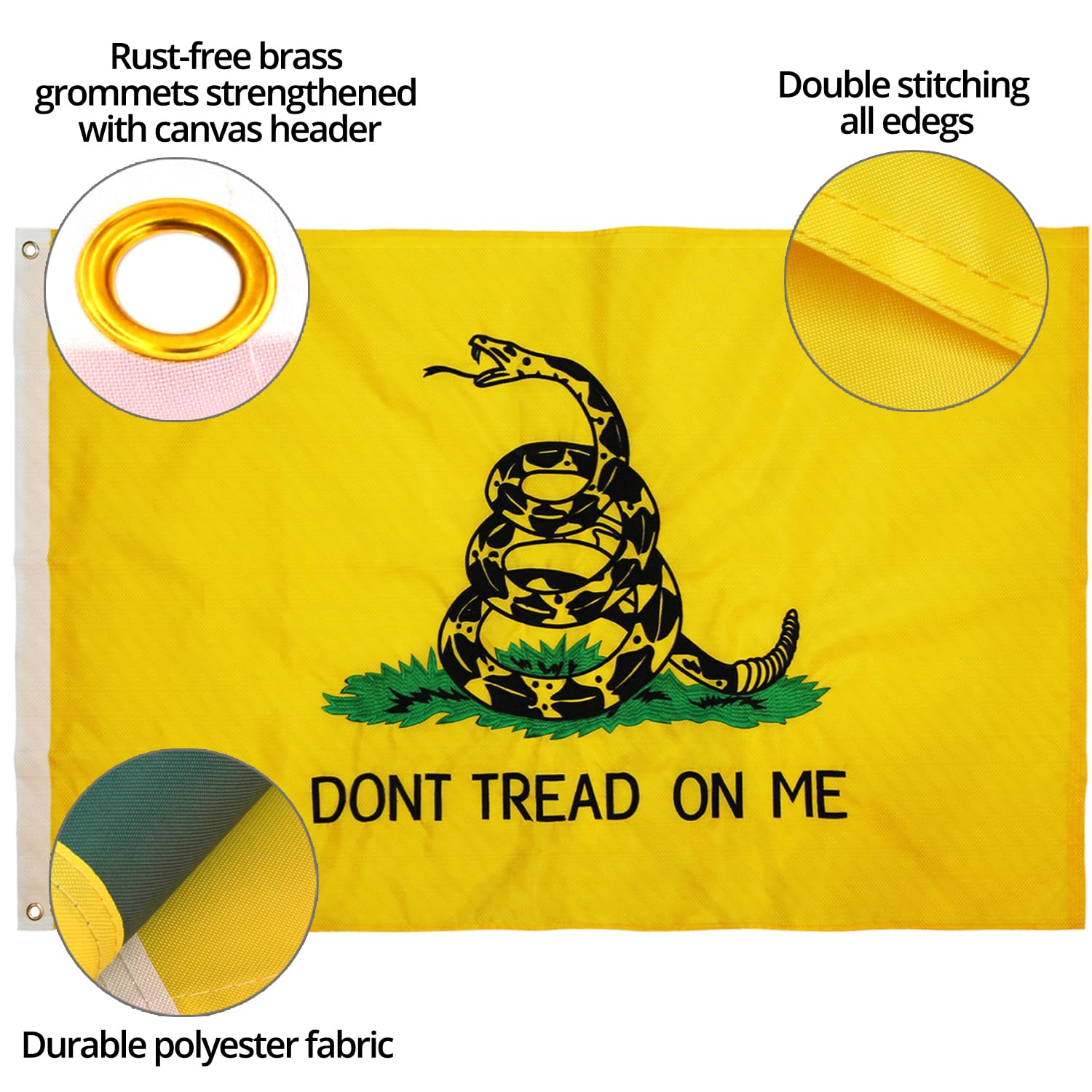 Anley Dont Tread On Me flag design shown with brass grommets for outdoor mounting