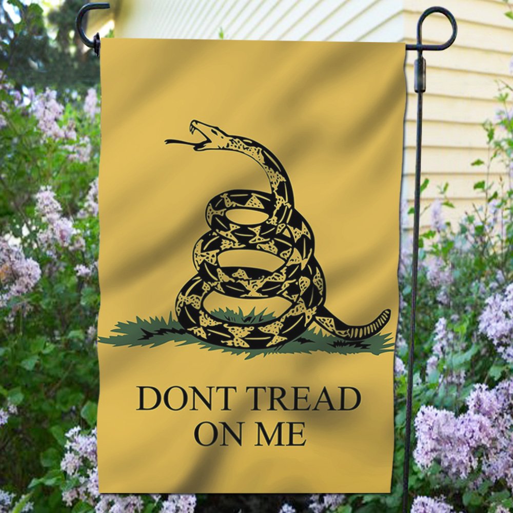 Anley Dont Tread On Me garden flag back view with readable print on both sides.