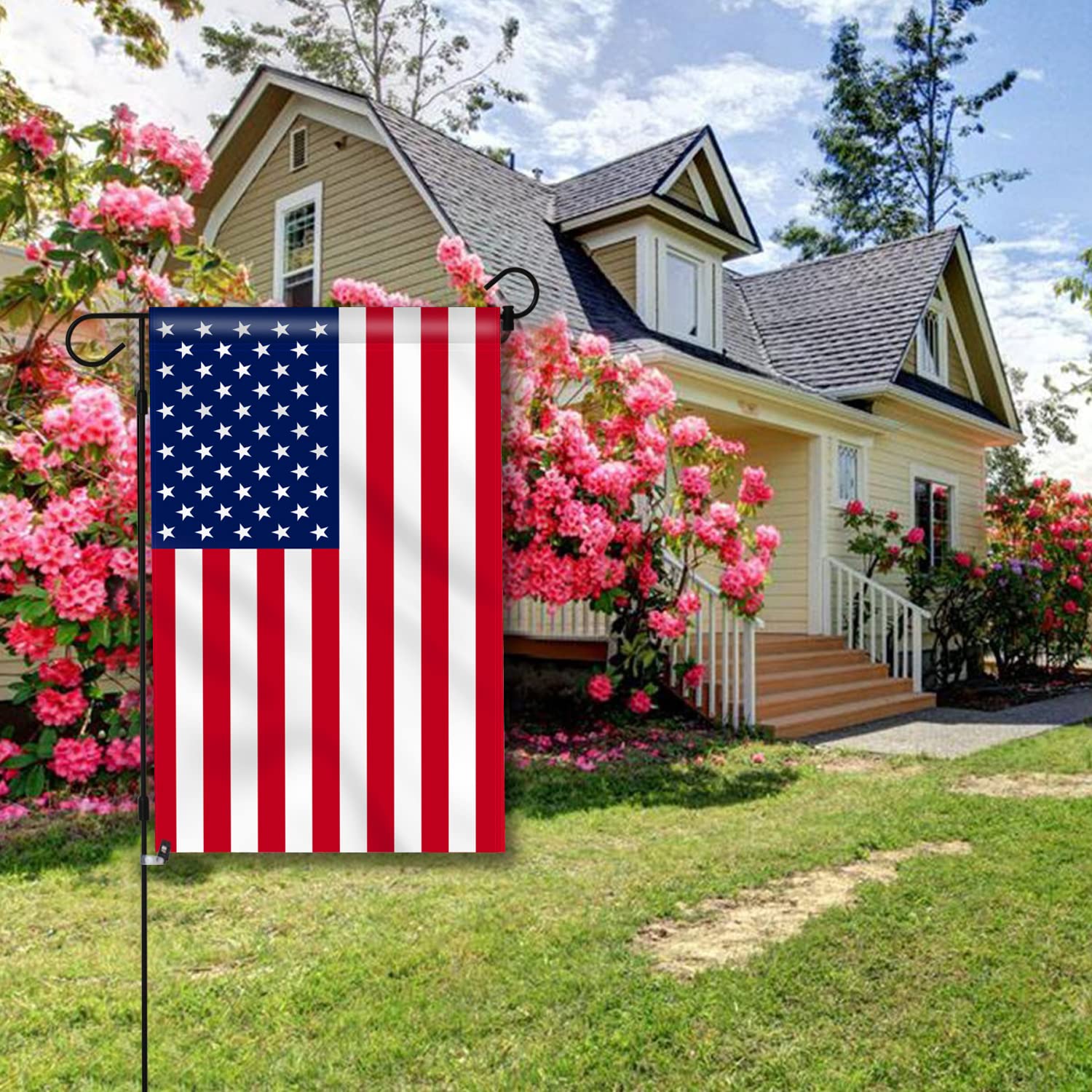 Anley double-stitched garden flag close-up shows durable seams and premium fabric