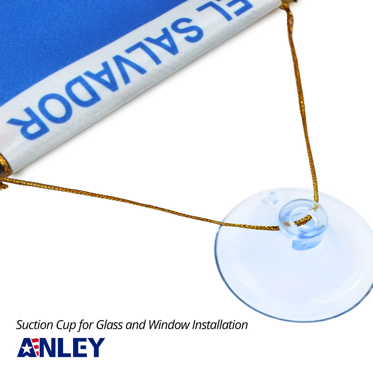 Anley El Salvador fringy flag on suction hanger setup for window display