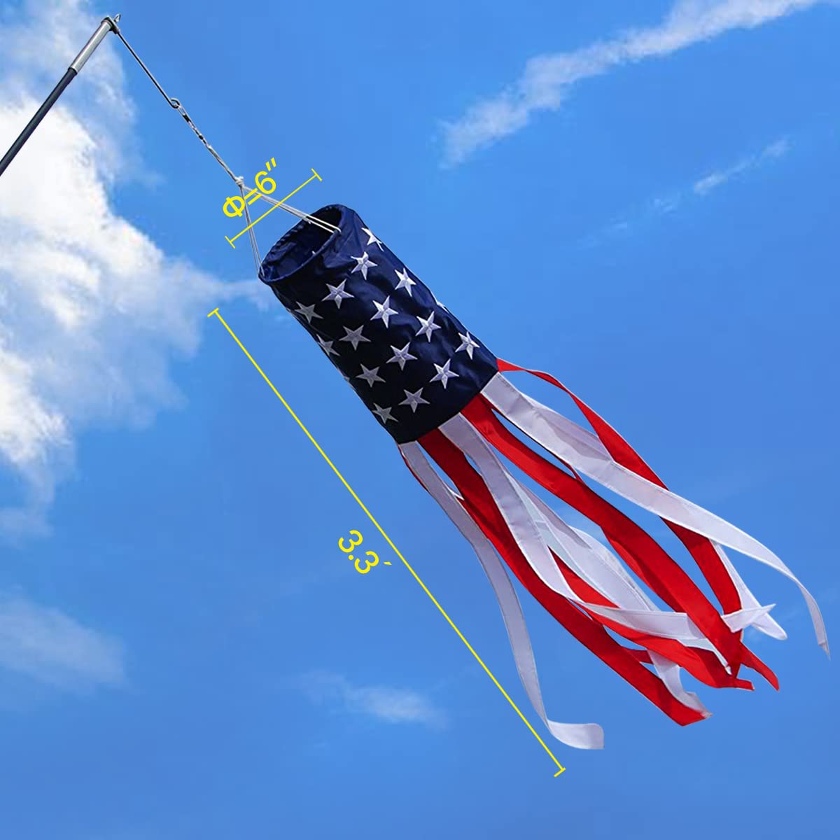 Anley embroidered-stars windsock highlights dense stitching for vibrant yard decor.