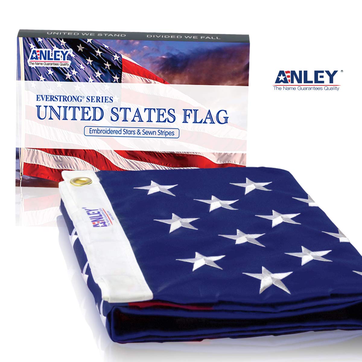 Anley EverStrong flag with sewn stripes shown during outdoor setup.