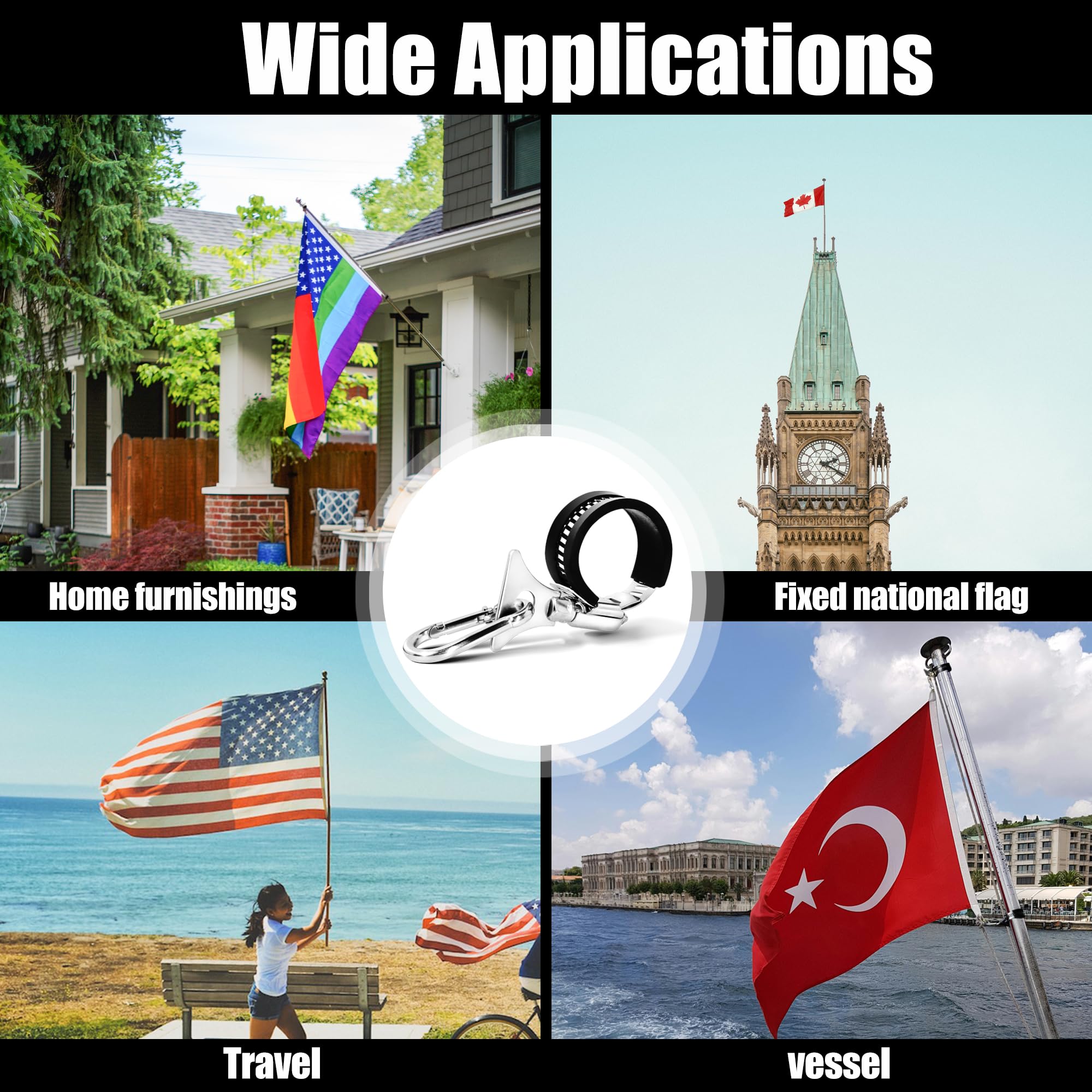Anley four-pack flagpole clips ready to secure multiple flags.