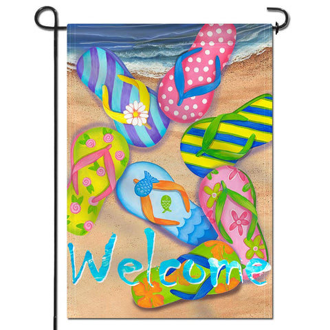 Anley flip flops welcome flag displayed outdoors for cheerful curb appeal.