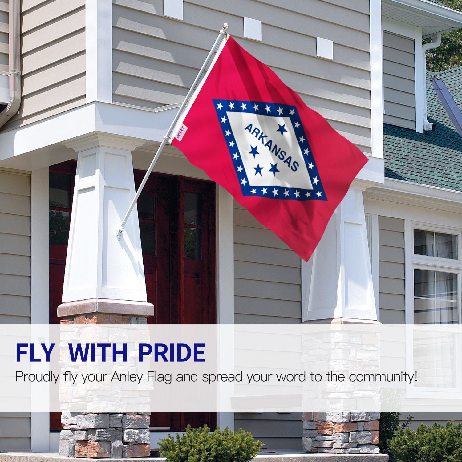 Close up of ANLEY Arkansas flag print showing sharp vivid colors for outdoor viewing