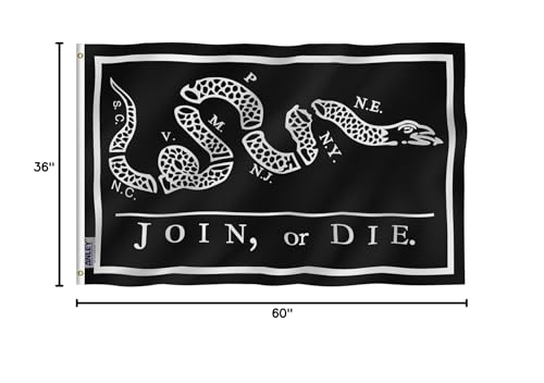 Anley Fly Breeze black Join Or Die flag waving on a pole in sunlight