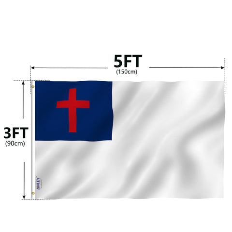 Anley Fly Breeze Christian Flag packaging shows size and care tips