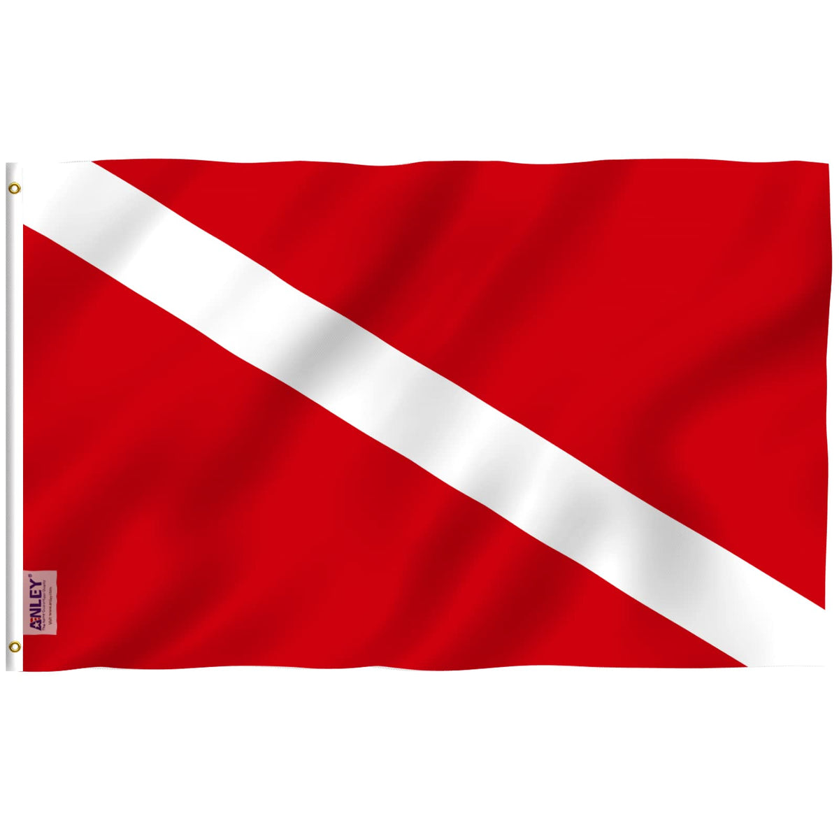 Anley Fly Breeze diver-down flag with canvas header fluttering clearly on a boat