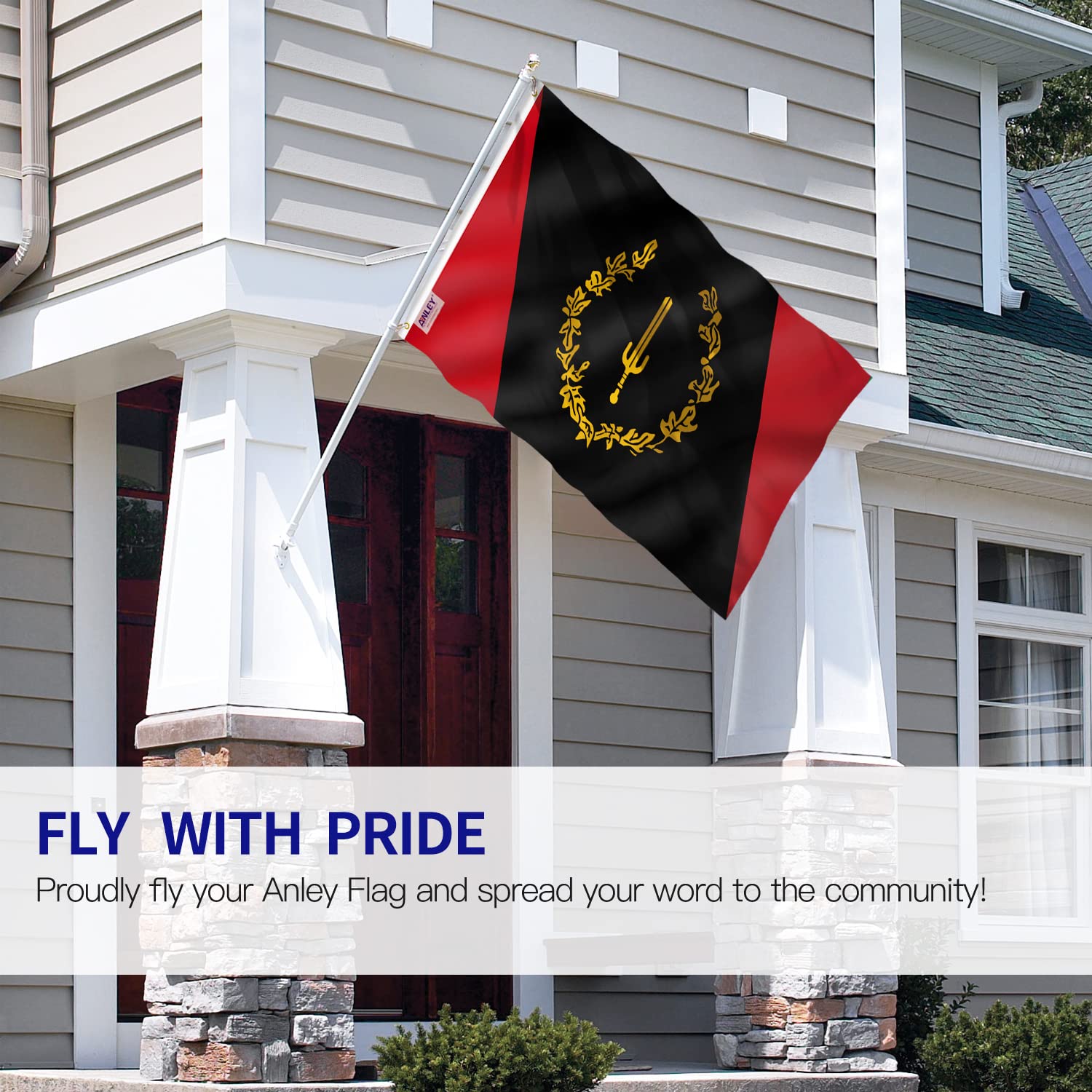 Anley Fly Breeze flag closeup shows canvas header and fade-resistant colors outdoors.