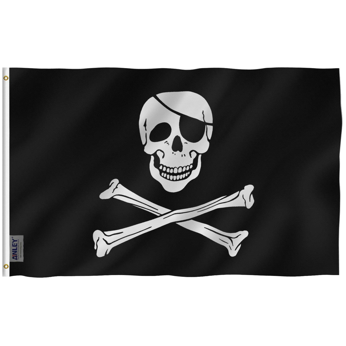 Anley Fly Breeze Jolly Roger flag with patch, bright fade-proof color for outdoor display.
