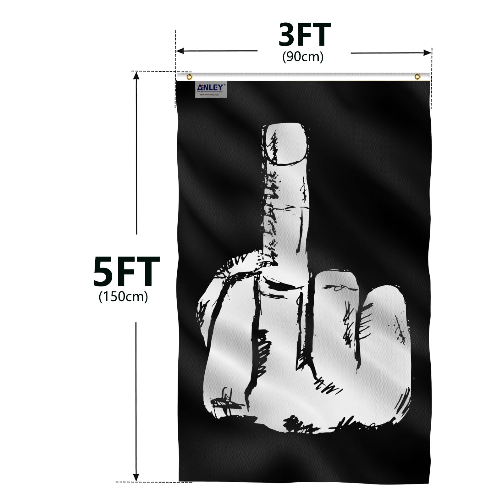 Anley Fly Breeze Middle Finger Flag displayed outdoors on a fence or patio