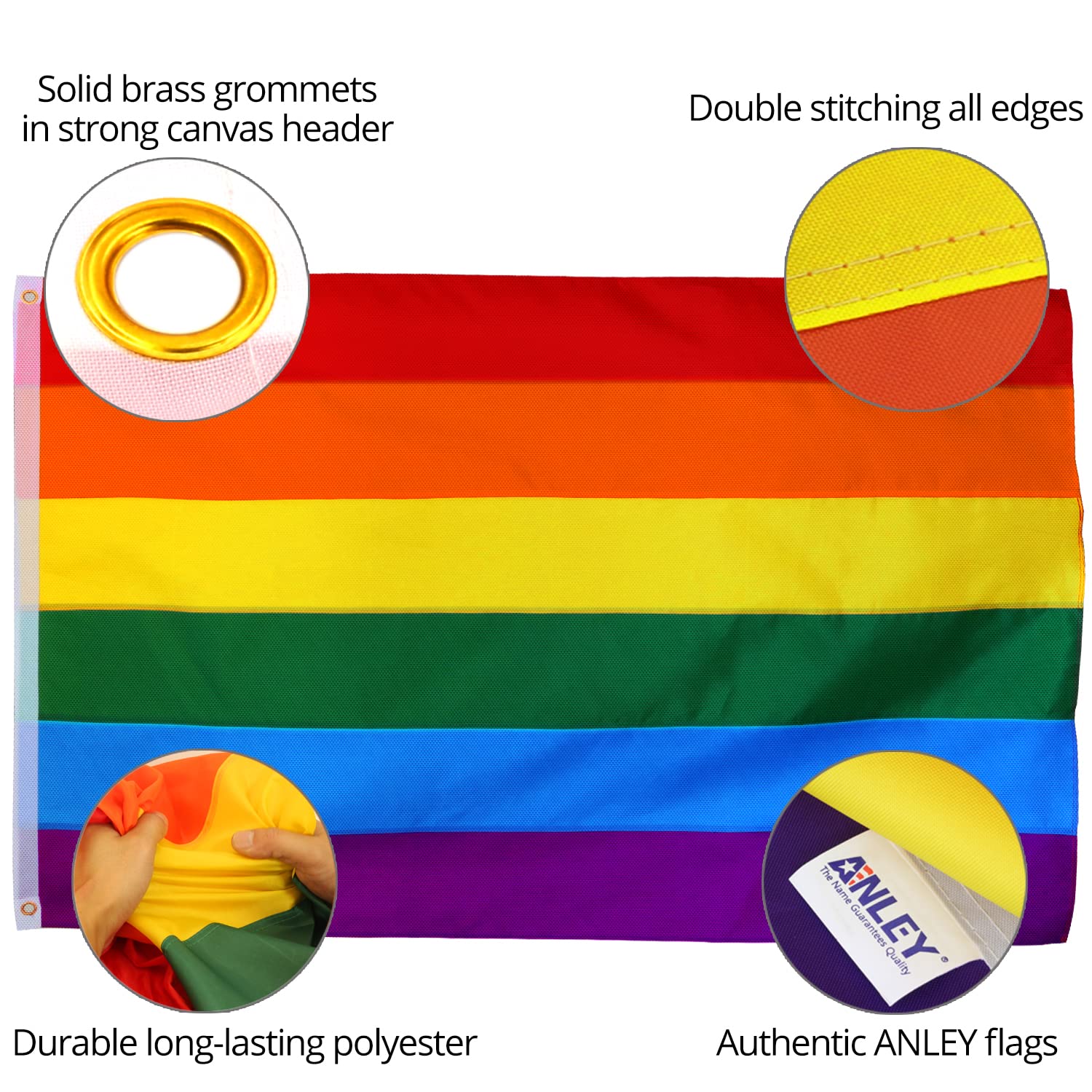 Anley rainbow flag double-stitched edges highlight durability.