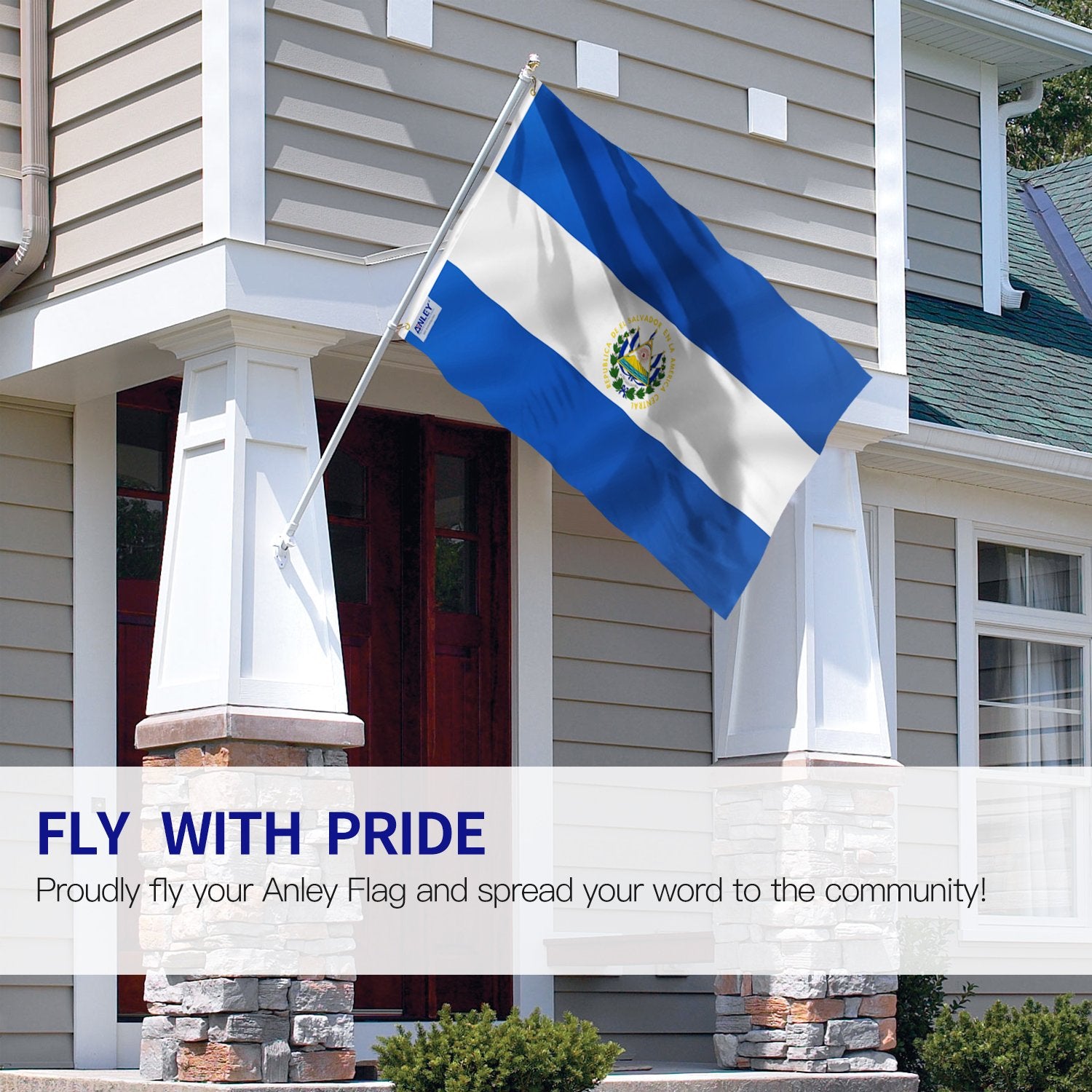 Anley Fly Breeze Salvador flag showing double stitched edges for lasting quality.