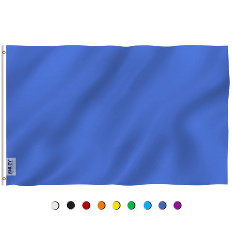Anley Fly Breeze solid blue flag 3x5 fluttering in light wind for porch or yard.