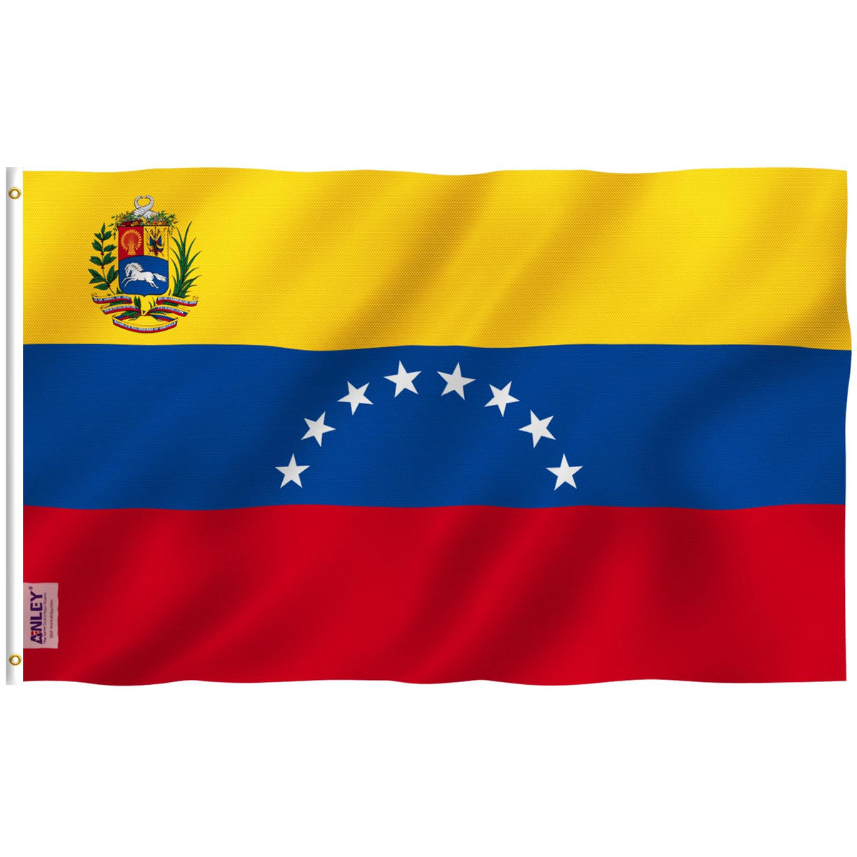 Anley Fly Breeze Venezuela flag 3x5 waving outdoors with fade-proof colors for vibrant display.