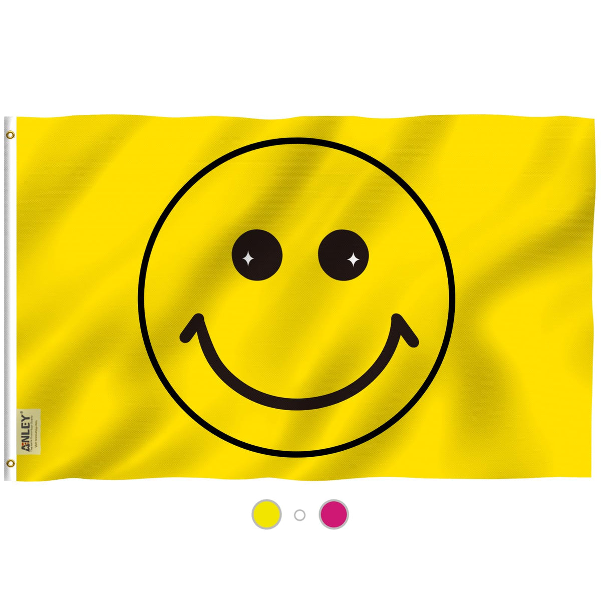 Anley Fly Breeze yellow happy face flag waves in sunlight with fade-proof color