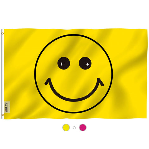 Anley Fly Breeze yellow happy face flag waves in sunlight with fade-proof color