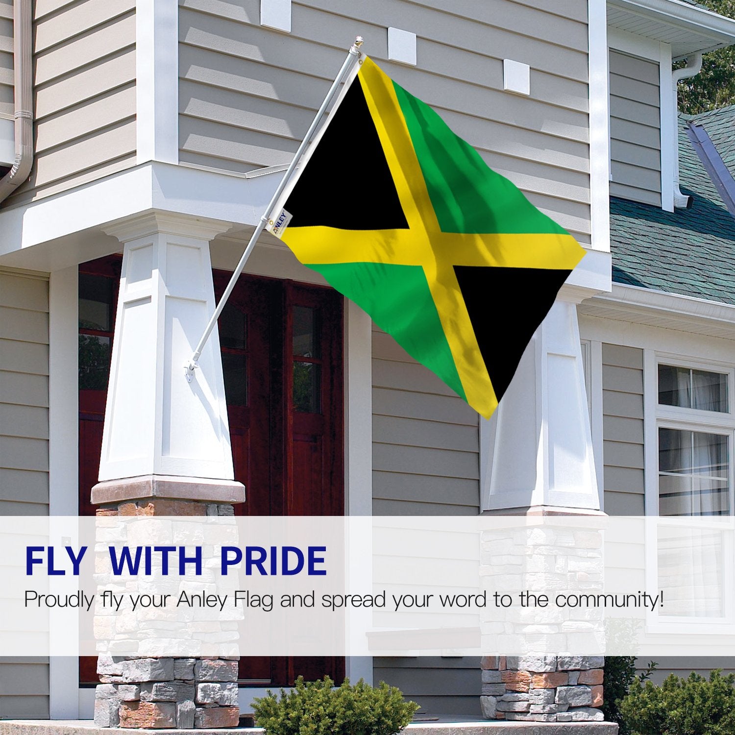 Anley Jamaica flag porch display shows bold colors for outdoor pride.