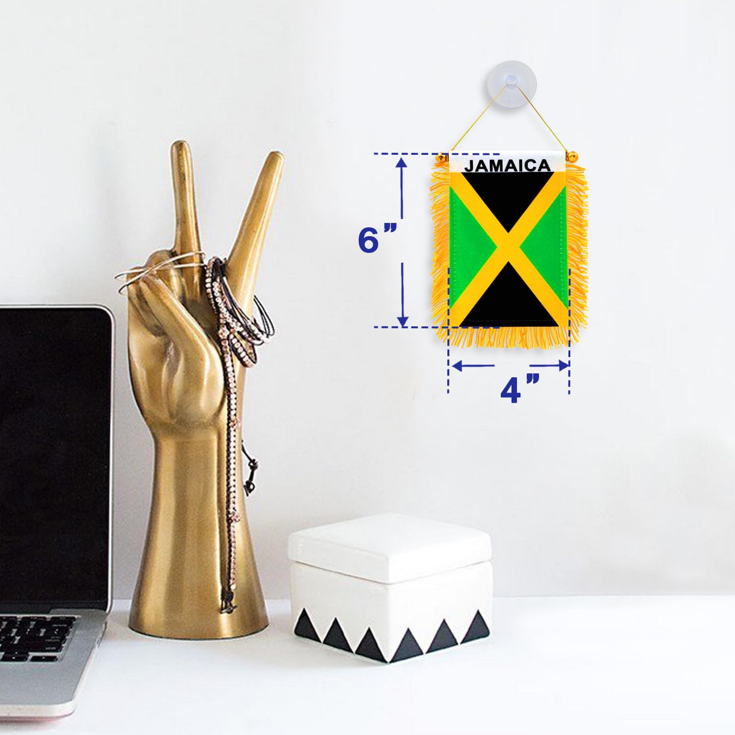 Anley Jamaica fringy window flag easy installation on rearview mirror or window.