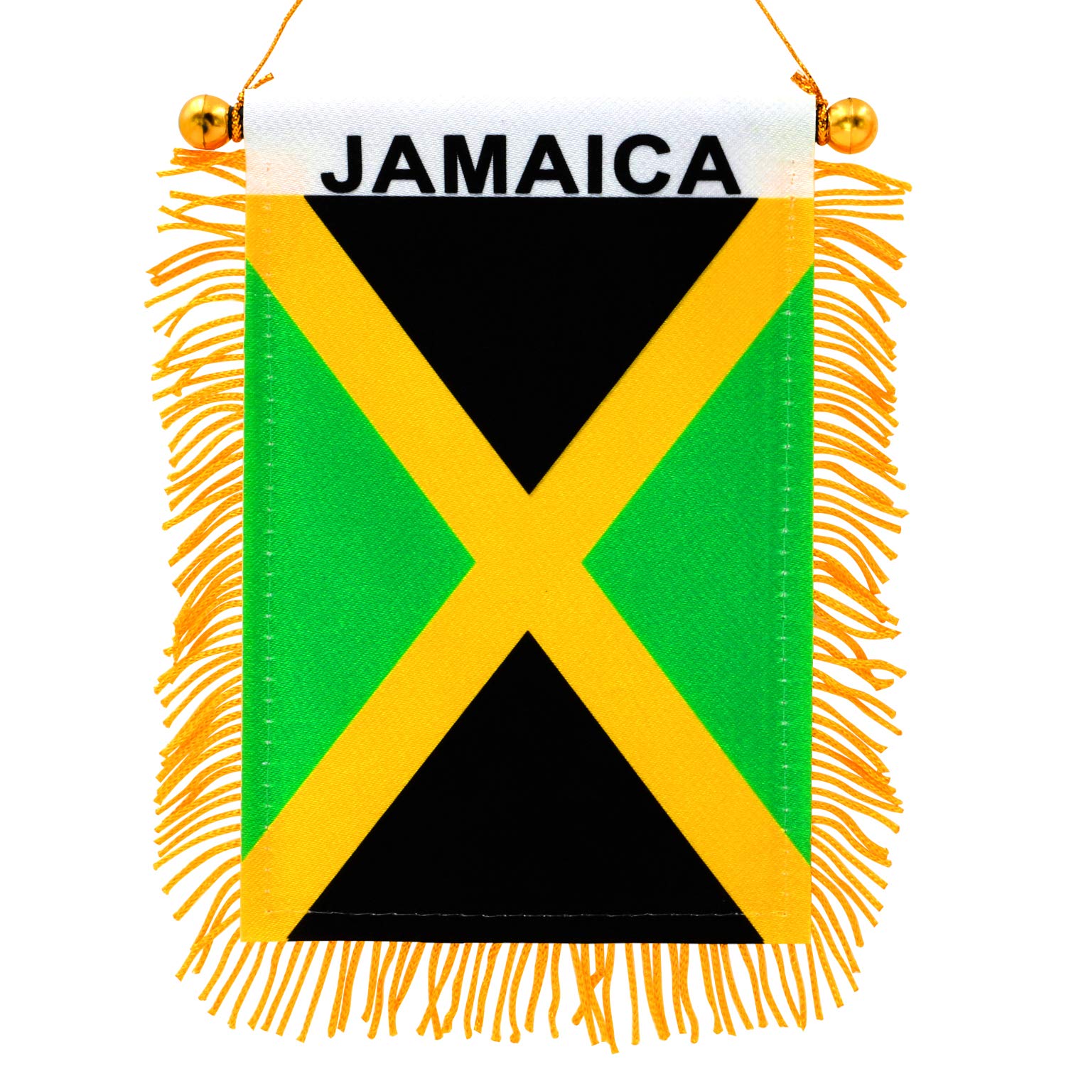 Anley Jamaica fringy window flag front view shows vibrant color for car decor.