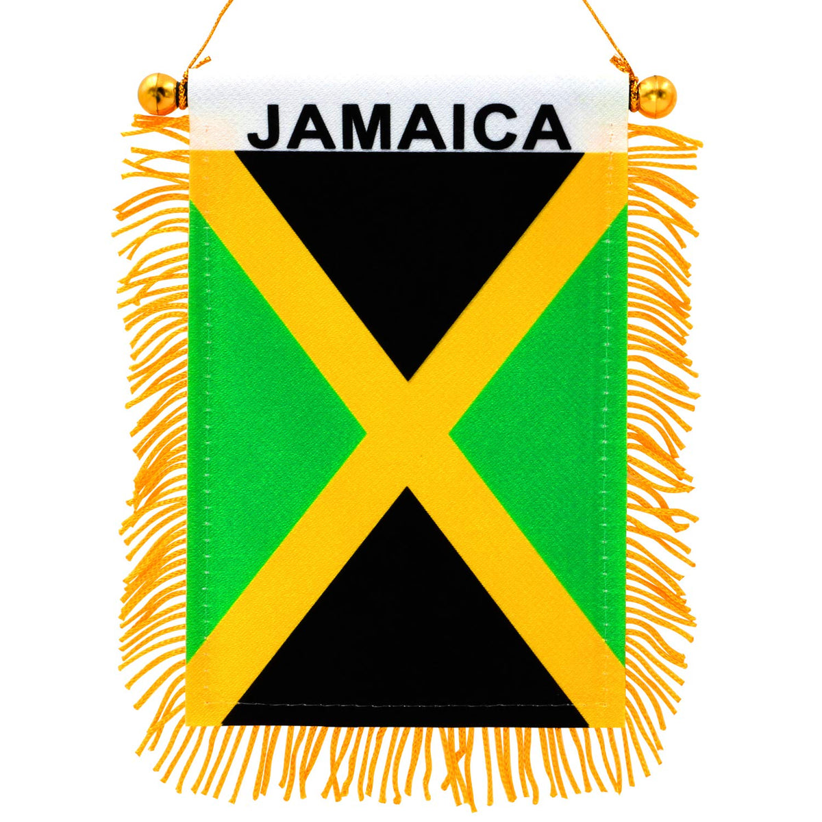 Anley Jamaica fringy window flag front view shows vibrant color for car decor.