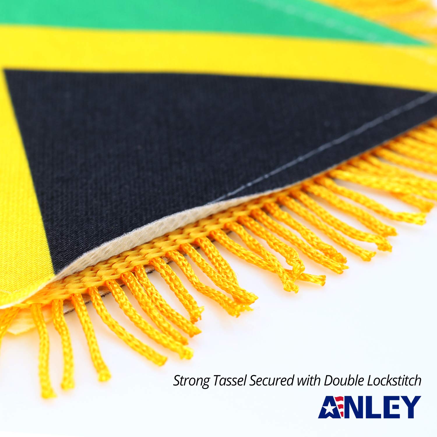 Anley Jamaica fringy window flag with suction hanger enables quick rearview mounting.