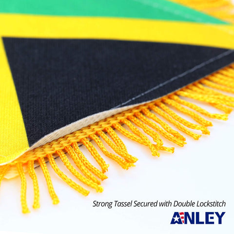 Anley Jamaica fringy window flag with suction hanger enables quick rearview mounting.