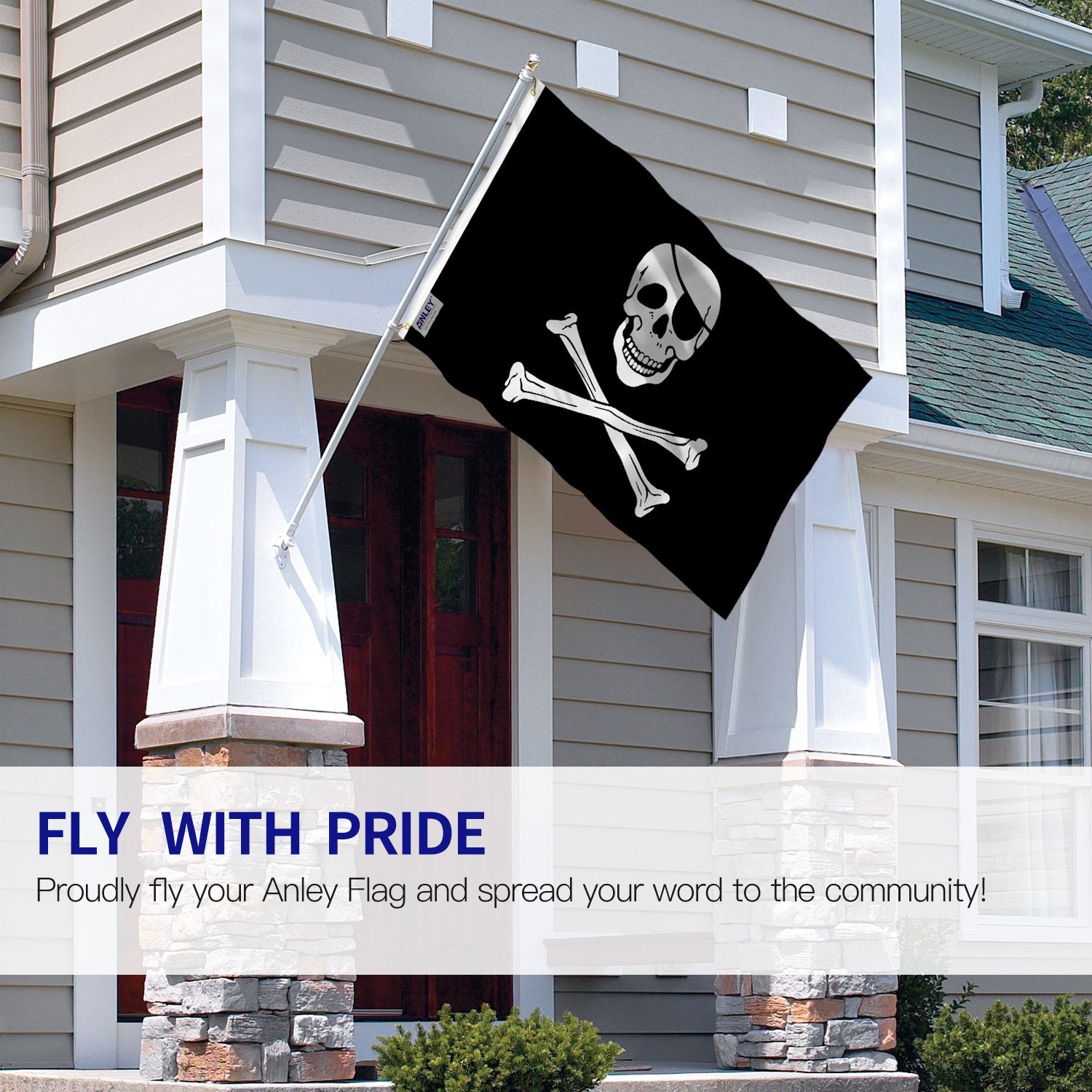 Jolly Roger flag from Anley with canvas header and brass grommets for sturdy mounting.