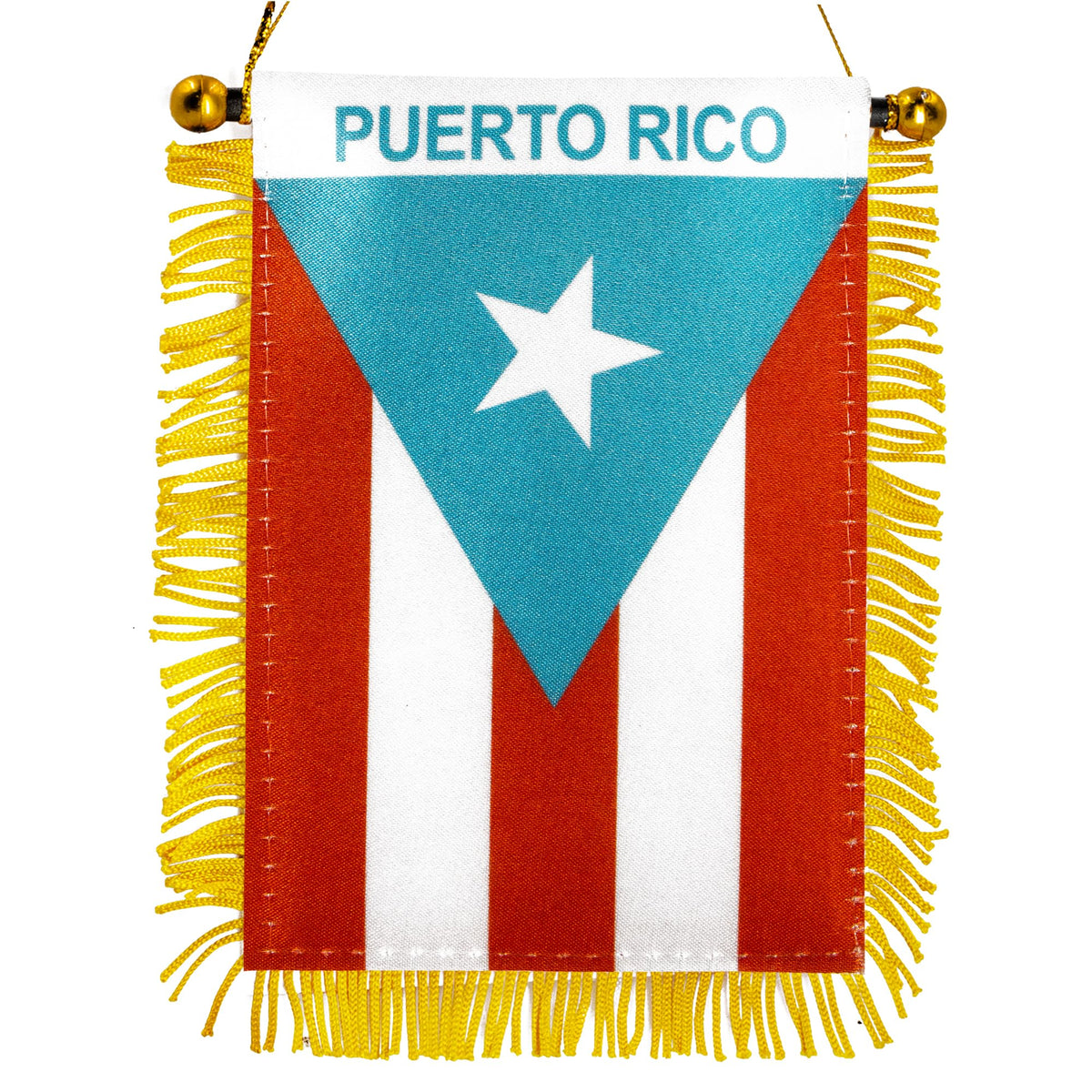 Anley light blue Puerto Rico fringed flag front view for compact car decor.