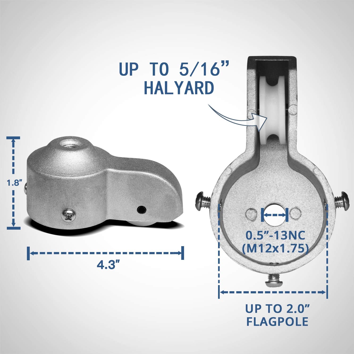 Anley nylon pulley accepts 1/4 inch to 5/16 inch rope for versatile halyard use.